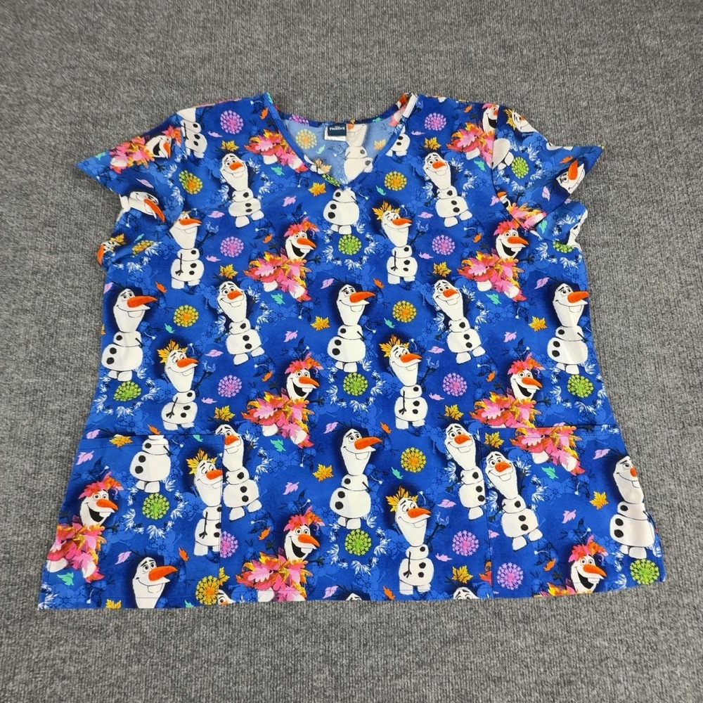 Disney Blouse Womens 3XL Blue Olaf Print Frozen II V Neck Scrub Tunic Top